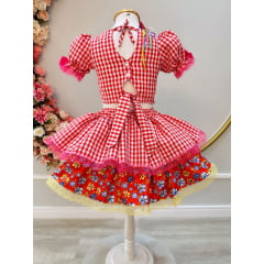 Conjunto Meninas Junino Xadrez Vermelho Cropped Com Saia