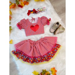 Conjunto Meninas Junino Xadrez Vermelho Cropped Com Saia