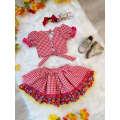 Conjunto Meninas Junino Xadrez Vermelho Cropped Com Saia