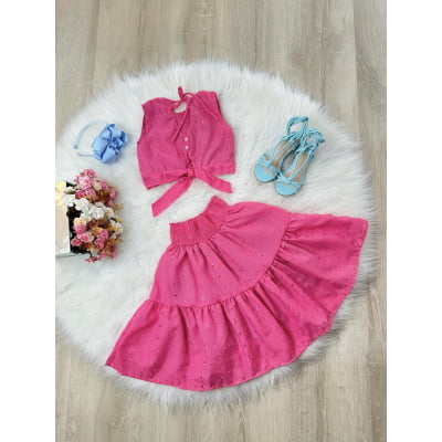 Conjunto Meninas Pink Cropped e Saia Midi Lese Casual Luxo