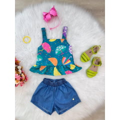 Conjunto Meninas Verde Colorido C/ Short Jeans e Pulseira