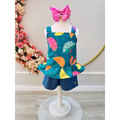 Conjunto Meninas Verde Colorido C/ Short Jeans e Pulseira Casual