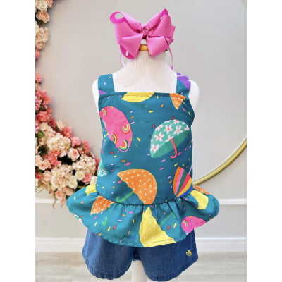 Conjunto Meninas Verde Colorido C/ Short Jeans e Pulseira Casual