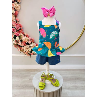 Conjunto Meninas Verde Colorido C/ Short Jeans e Pulseira Casual