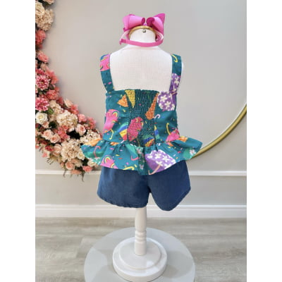 Conjunto Meninas Verde Colorido C/ Short Jeans e Pulseira Casual