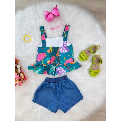 Conjunto Meninas Verde Colorido C/ Short Jeans e Pulseira Casual