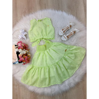 Conjunto Meninas Verde Lima Cropped e Saia Midi Lese Casual Luxo