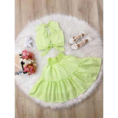 Conjunto Meninas Verde Lima Cropped e Saia Midi Lese Casual Luxo