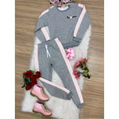 Conjunto Moletom C/ Calça Cinza Faixa Rosa Be Mine