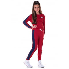 Conjunto Moletom C/ Calça Vermelho Faixa Azul Marinho