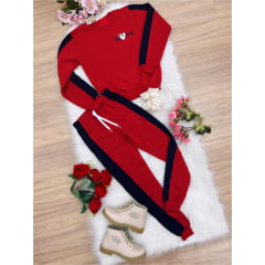 Conjunto Moletom C/ Calça Vermelho Faixa Azul Marinho