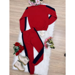 Conjunto Moletom C/ Calça Vermelho Faixa Azul Marinho