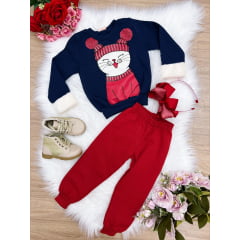 Conjunto Moletom Infantil Blusa Azul Marinho Calça Vermelha