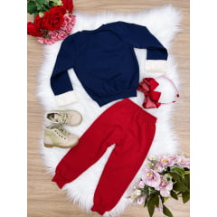 Conjunto Moletom Infantil Blusa Azul Marinho Calça Vermelha