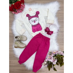 Conjunto Moletom Infantil Blusa Marfim Calça Rosa Chiclete