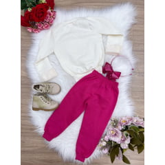 Conjunto Moletom Infantil Blusa Marfim Calça Rosa Chiclete