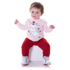Conjunto Moletom Infantil Blusa Rosa Calça Vermelha Gatinha