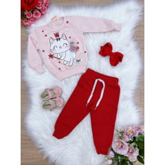 Conjunto Moletom Infantil Blusa Rosa Calça Vermelha Gatinha