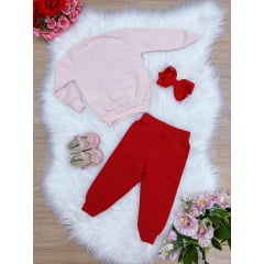 Conjunto Moletom Infantil Blusa Rosa Calça Vermelha Gatinha