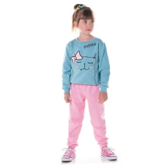 Conjunto Moletom Verde C/ Calça Rosa Gatinha