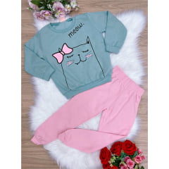 Conjunto Moletom Verde C/ Calça Rosa Gatinha