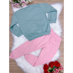 Conjunto Moletom Verde C/ Calça Rosa Gatinha
