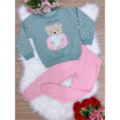 Conjunto Moletom Verde C/ Calça Rosa Urso