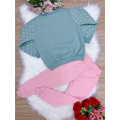 Conjunto Moletom Verde C/ Calça Rosa Urso