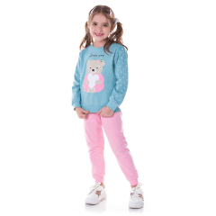 Conjunto Moletom Verde C/ Calça Rosa Urso