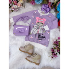 Vestido de Moletom Flanelado Lilás Ursinho Love