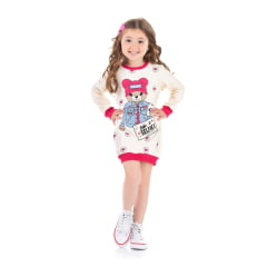 Vestido de Moletom Flanelado Off White Ursinho Love