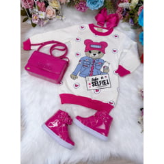 Vestido de Moletom Flanelado Off White Ursinho Love