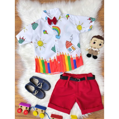 Conjunto Aquarela Com Short Gravatinha e Camisa