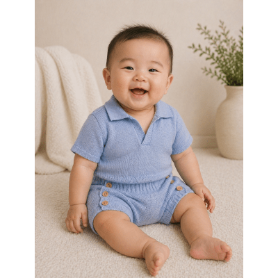 Conjunto Baby Camisa e Tapa Fralda Tricot Meninos Azul
