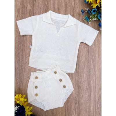 Conjunto Baby Camisa e Tapa Fralda Tricot Meninos Marfim
