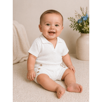 Conjunto Baby Camisa e Tapa Fralda Tricot Meninos Marfim
