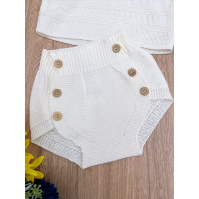 Conjunto Baby Camisa e Tapa Fralda Tricot Meninos Marfim