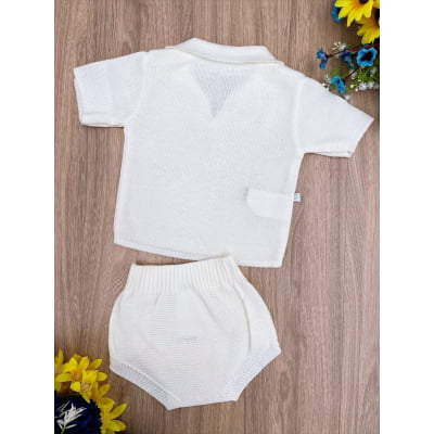 Conjunto Baby Camisa e Tapa Fralda Tricot Meninos Marfim