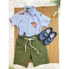 Conjunto Camisa Azul Com Bermuda Verde Musgo de Cordão