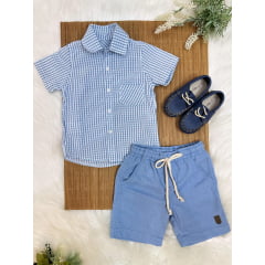 Conjunto Camisa Azul Xadrez Com Bermuda de Cordão