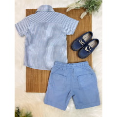 Conjunto Camisa Azul Xadrez Com Bermuda de Cordão