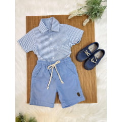 Conjunto Camisa Azul Xadrez Com Bermuda de Cordão