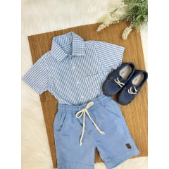 Conjunto Camisa Azul Xadrez Com Bermuda de Cordão