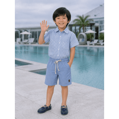 Conjunto Camisa Azul Xadrez Com Bermuda de Cordão