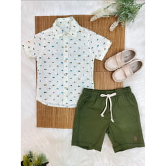 Conjunto Camisa Marfim Com Bermuda Verde Musgo de Cordão