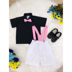 Conjunto Camisa Preta e Short Branco C/ Susp. Circo Chefinho