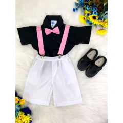 Conjunto Camisa Preta e Short Branco C/ Susp. Circo Chefinho