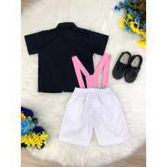 Conjunto Camisa Preta e Short Branco C/ Susp. Circo Chefinho