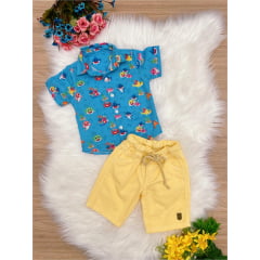 Conjunto Infantil Camisa Azul Baby Shark Shorts Amarelo