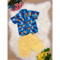 Conjunto Infantil Camisa Azul Bolofofos Shorts Amarelo